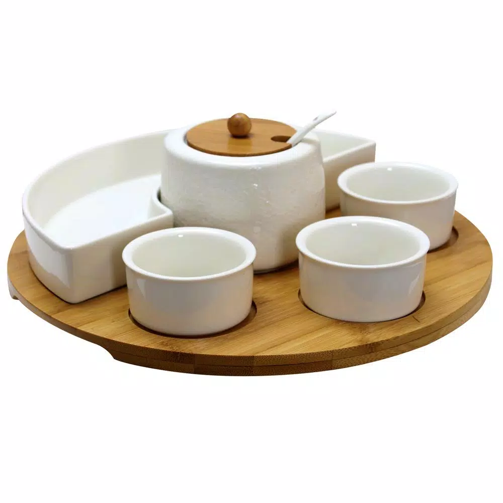 Elama Signature Collection 8-Piece Stoneware Appetizer Serving Set with Bamboo Lazy Susan Tray