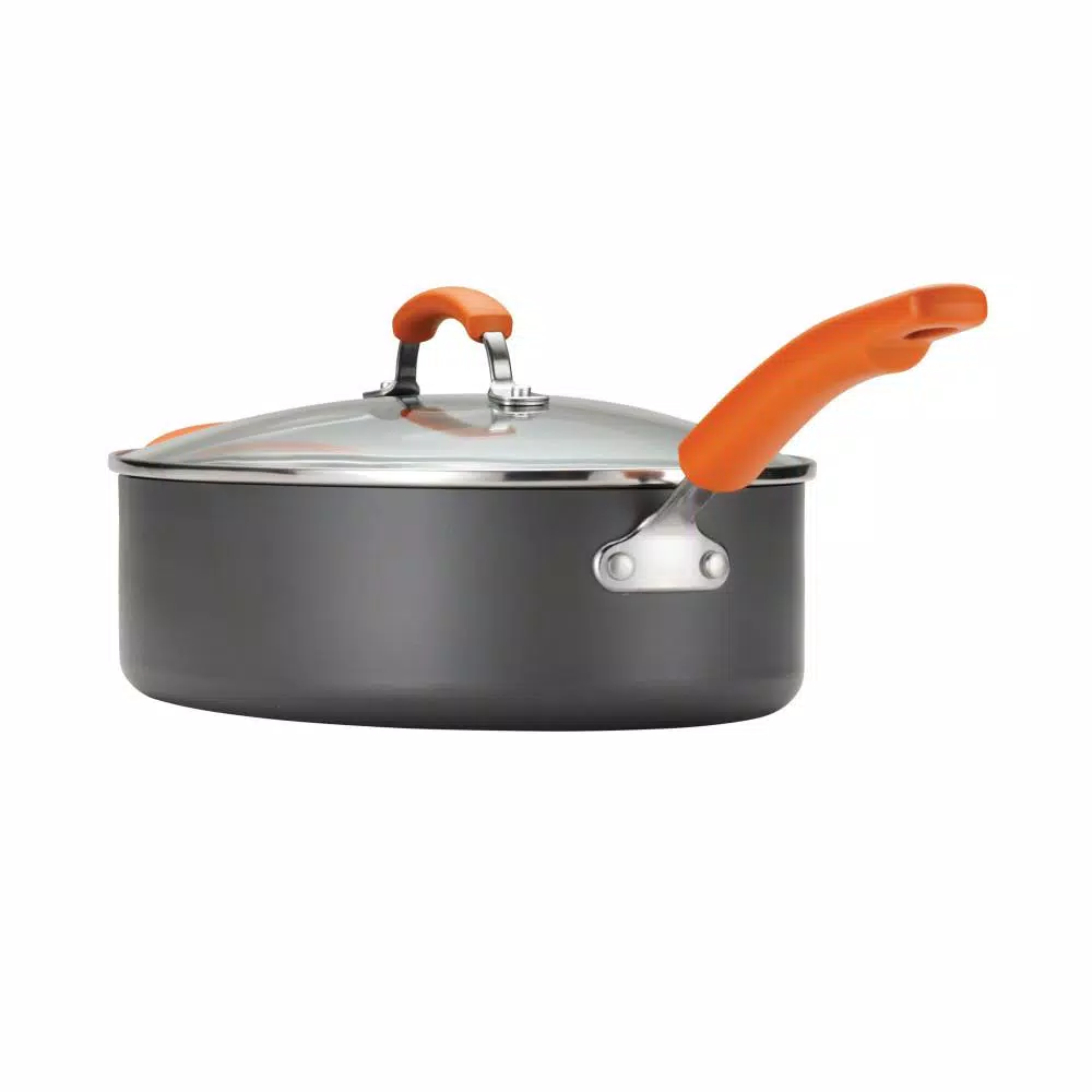 Rachael Ray 5-Quart Hard-Anodized Aluminum Nonstick Oval Saute Pan with Glass Lid, Orange and Gray