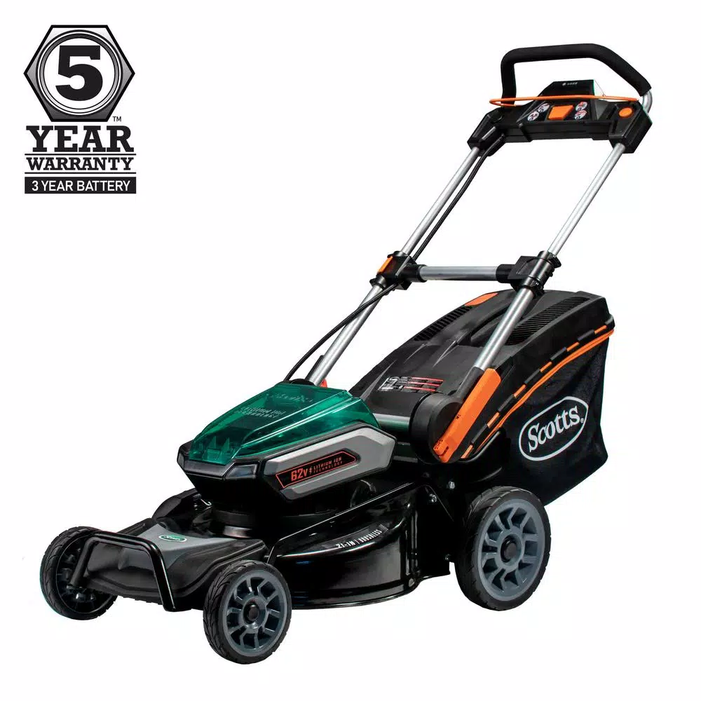 Scotts 21 in. 62V Cordless Lithium-Ion Battery Walk Behind Push Mower with 5 Ah Battery and Charger