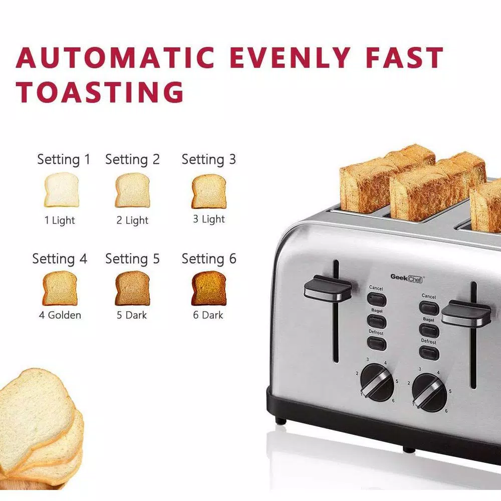 Boyel Living 1500W 4-Slice Wide Slot Toaster with Dual Independent Control Panels, Silver