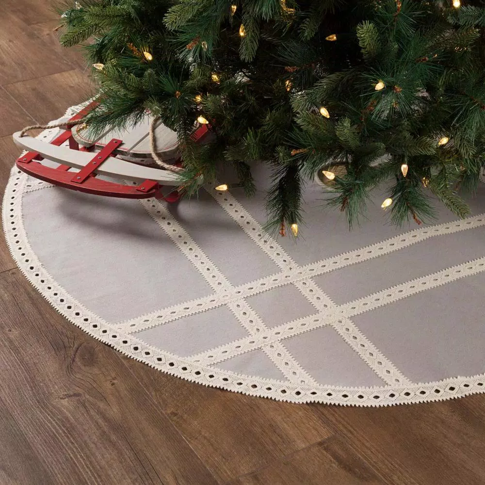 VHC Brands 55 in. Grey Margot Farmhouse Christmas Tree Skirt with Diamond Lace and Chambray