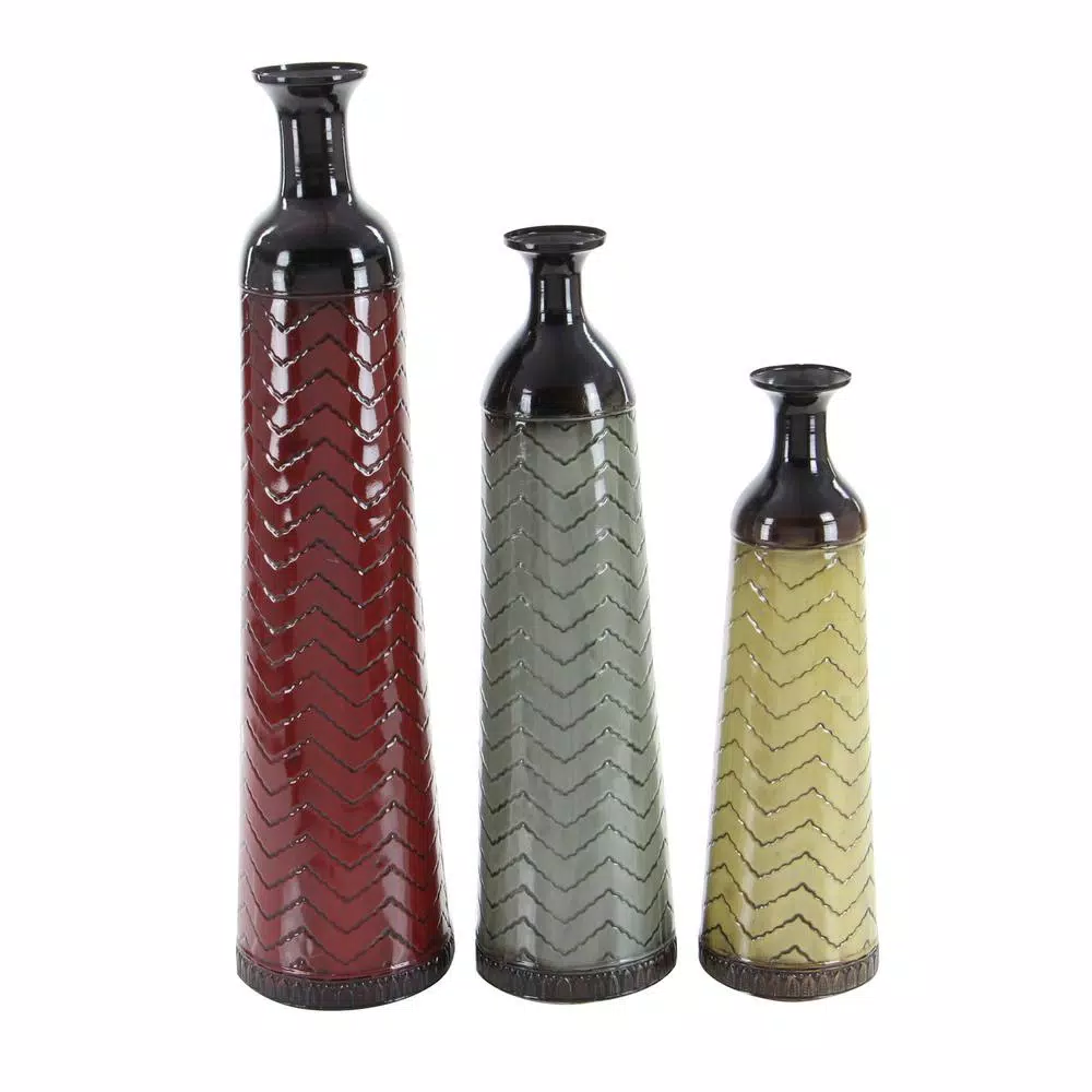 LITTON LANE Chevron Set of 3 Metal Decorative Floor Vases - Rustic Tin in Red, Brown, and Green