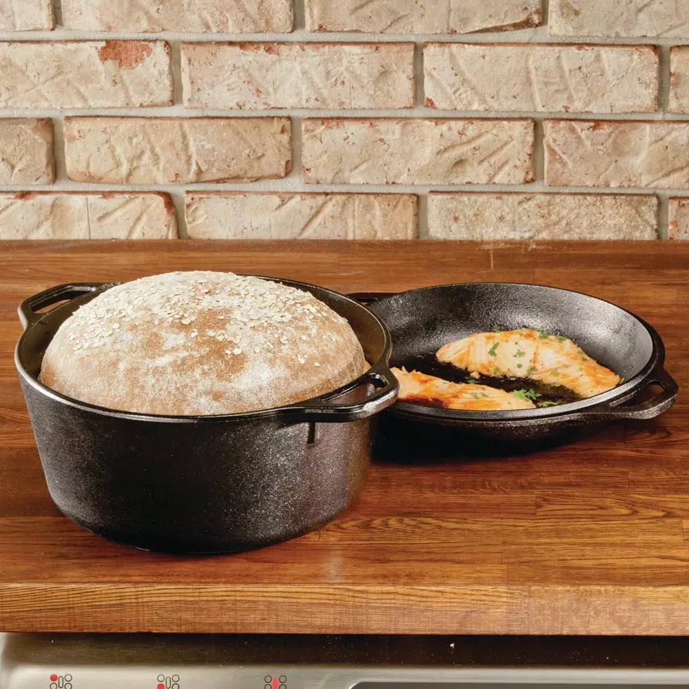 Lodge 5 Qt. Round Cast Iron Double Dutch Oven with Skillet Lid, Black