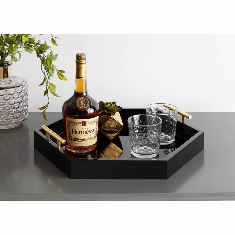 Kate and Laurel Lipton 18 in. Black and Gold Hexagon Decorative Serving Tray with Metal Handles