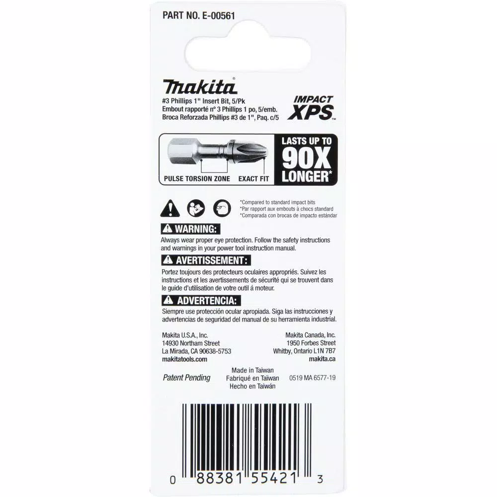 Makita ImpactXPS #3 Phillips 1 in. Insert Bits, 5-Pack