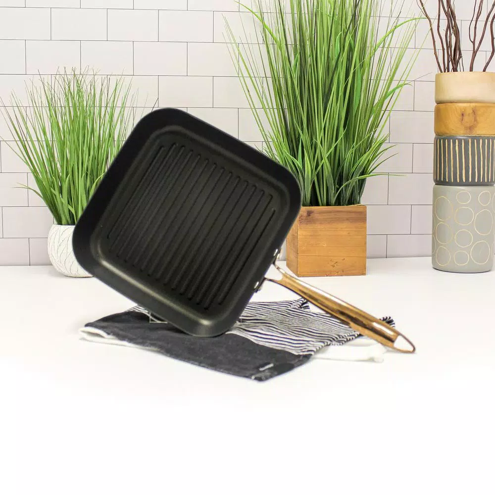 BergHOFF Ouro 11.7 in. Hard-Anodized Aluminum Nonstick Square Grill Pan, Black and Rose Gold