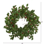 Nearly Natural 28 in. Holly Berry Artificial Wreath, Pre-Decorated Holiday Greenery thumbnail 2