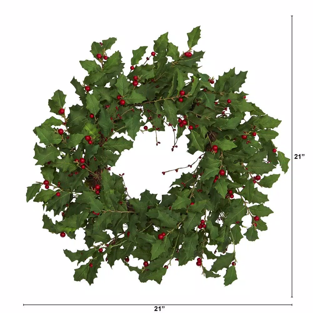 Nearly Natural 28 in. Holly Berry Artificial Wreath, Pre-Decorated Holiday Greenery
