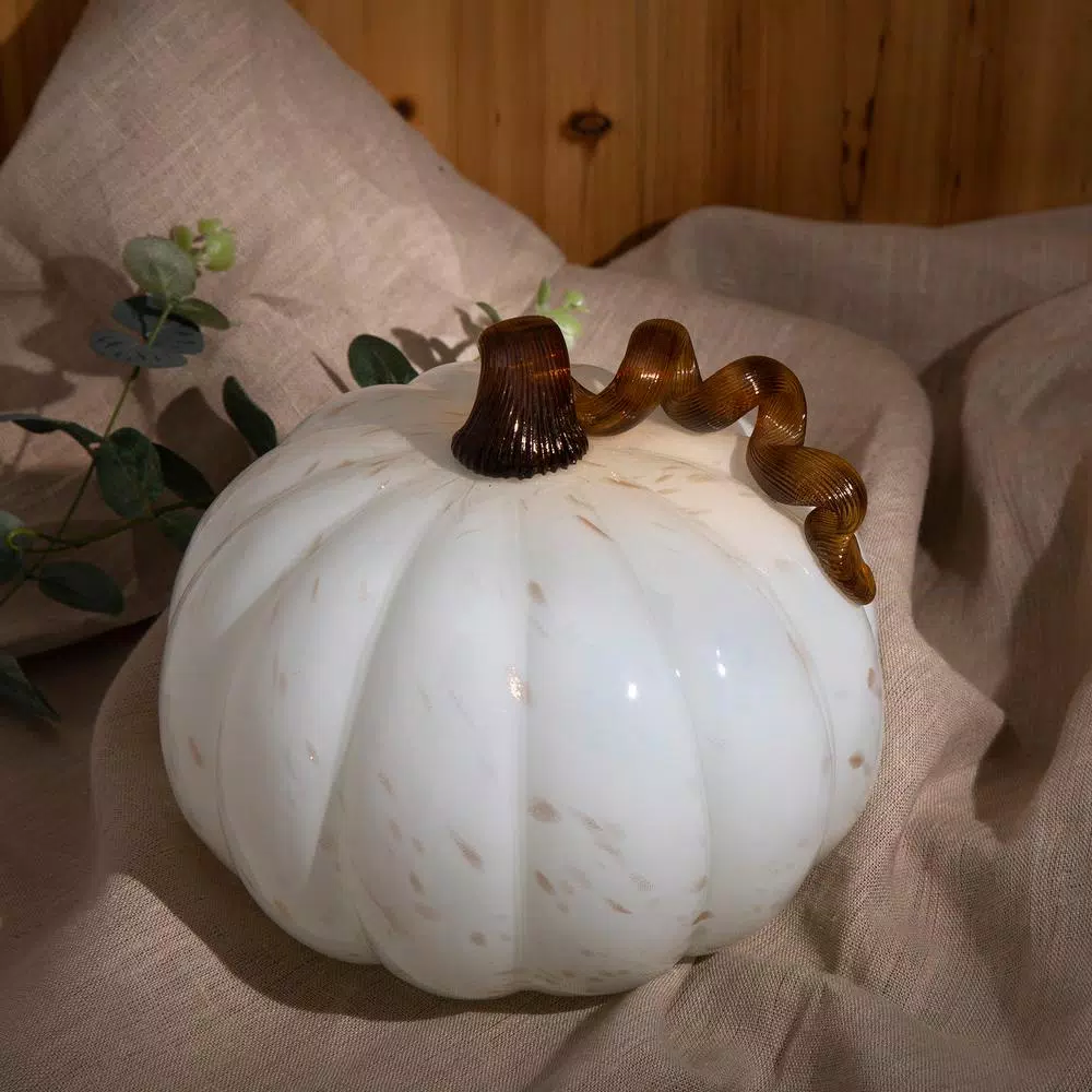 Glitzhome 7.09 in. Golden and White Hand-Blown Glass Pumpkin - Handmade Fall Harvest Decor