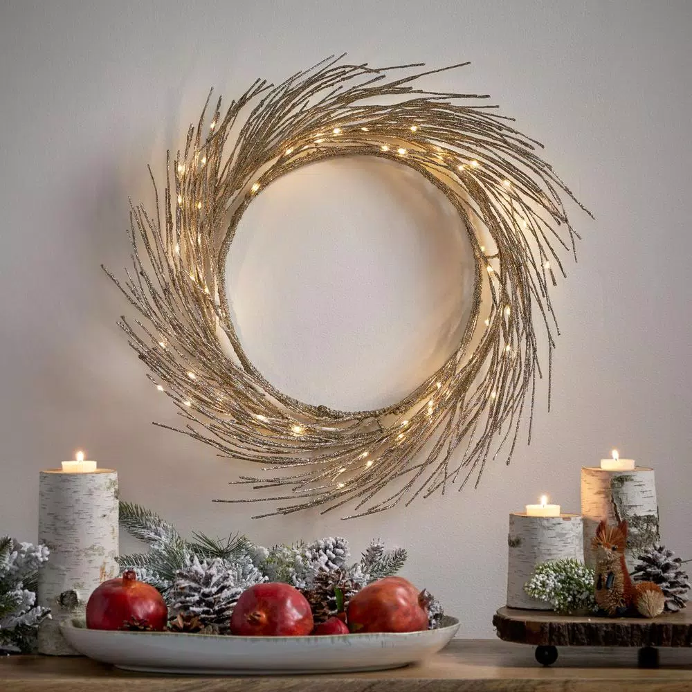 Noble House 24 in. Champagne Glitter Pre-Lit Warm White LED Artificial Christmas Wreath