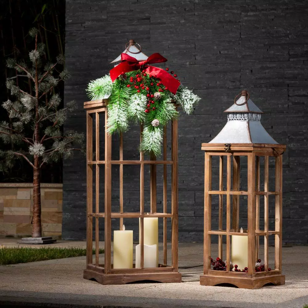 Glitzhome Brown Christmas Farmhouse Wood and Metal Lantern Set of 2