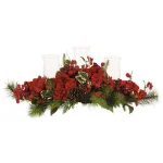 Nearly Natural 30 in. Holiday Hydrangea Candelabrum Centerpiece with 3 Glass Hurricane Holders thumbnail 1