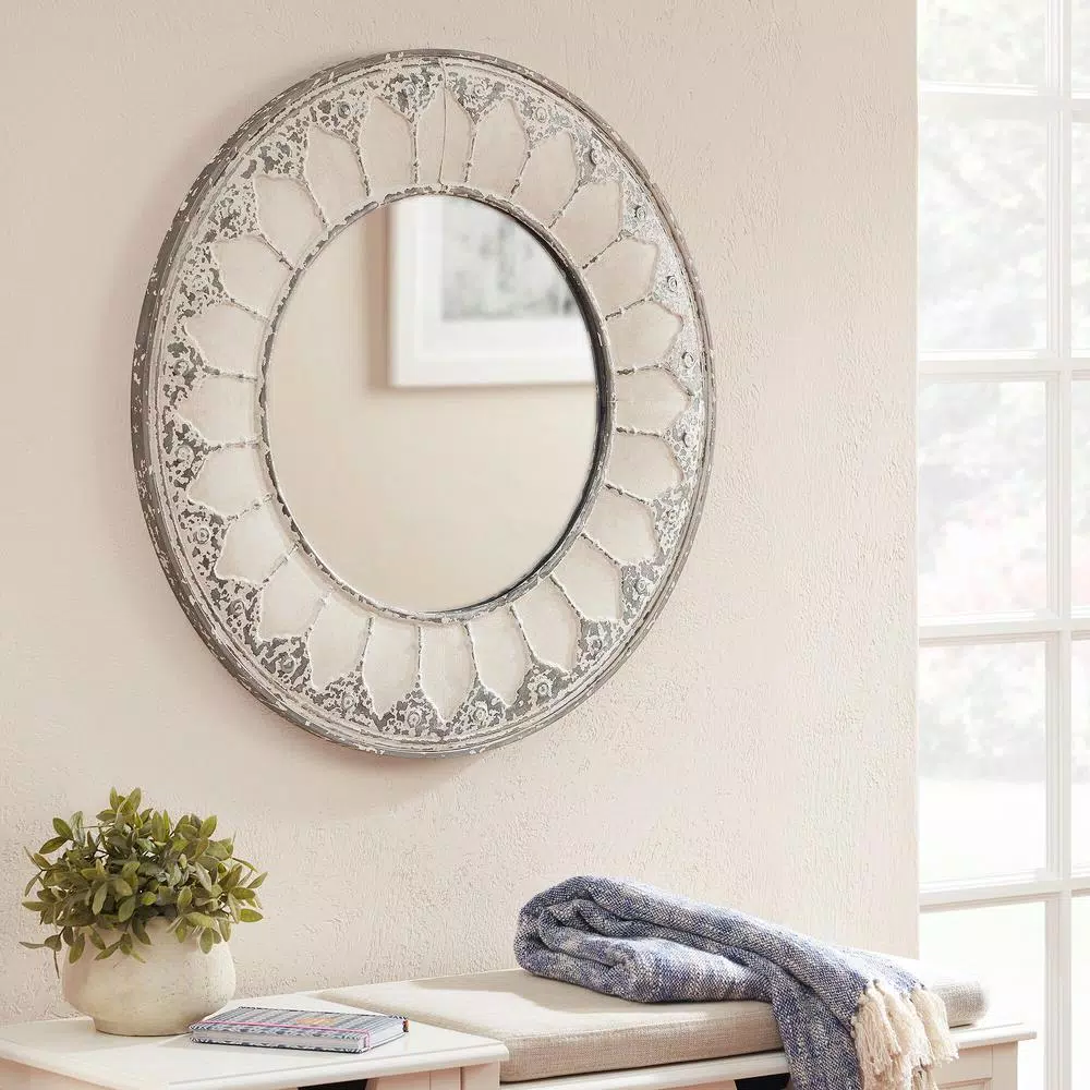 Home Decorators Collection Medium Round Ivory Antiqued Classic Accent Mirror, 31.4 in.