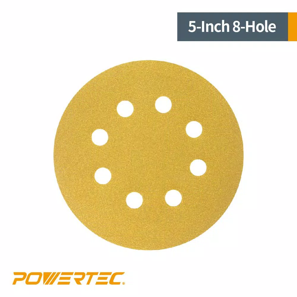 POWERTEC 5 in. 150-Grit Gold AO Hook and Loop 8-Hole Sanding Discs, 50-Pack