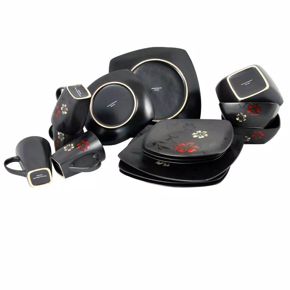 Gibson Elite Evening Blossom 16-Piece Black Stoneware Dinnerware Set, Service for 4