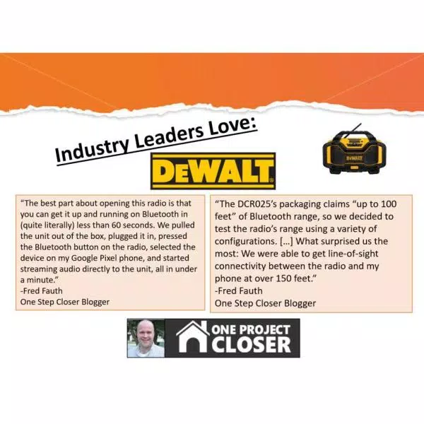 DEWALT 20V MAX Bluetooth Jobsite Radio with Built-in 3A Battery Charger