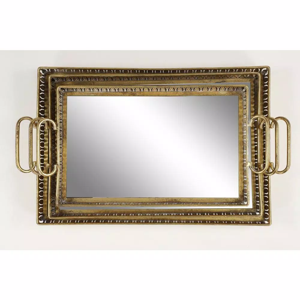 LITTON LANE Set of 3 Large Rectangular Metallic Gold Mirror Vanity Trays with Pierced Metal Designs