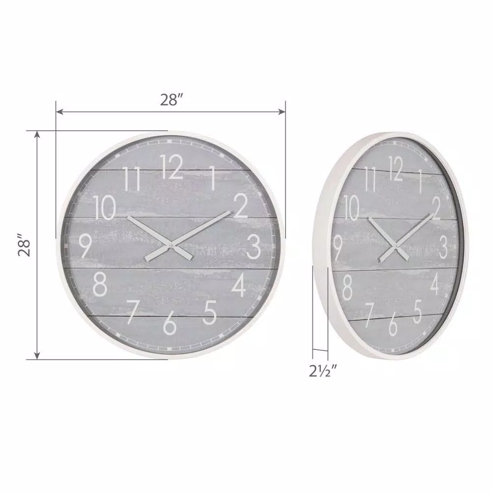 Pinnacle 28 in. Gray Washed Wood Plank Round Wall Clock - Rustic Farmhouse Decor