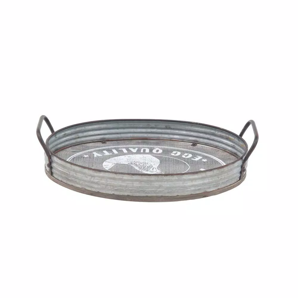 LITTON LANE Distressed Silver Galvanized Iron Decorative Trays with Handles, Set of 2