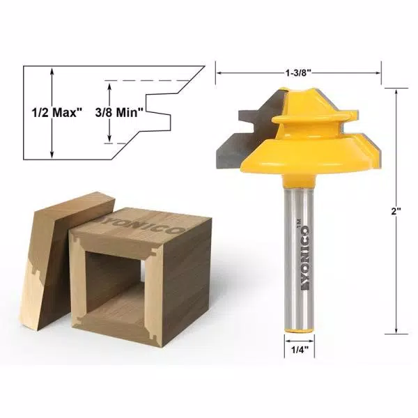 Yonico Carbide Tipped Lock Miter Router Bit, 1/4 in. Shank, for up to 1/2 in. Stock