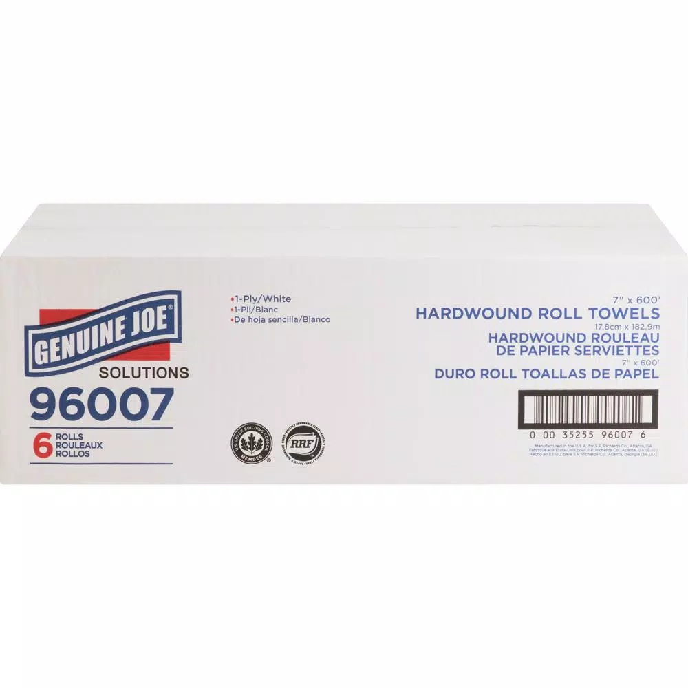 Genuine Joe Solutions 1-Ply Hardwound Paper Towels, White, 6 Rolls
