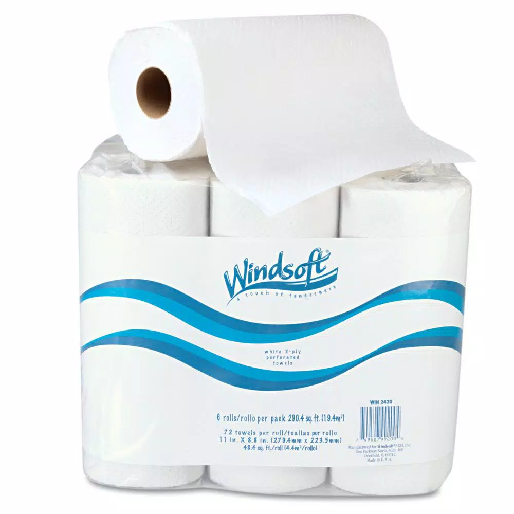 Windsoft White 2-Ply Kitchen Roll Towels, 11 x 8.9 in, 72 Sheets per Roll, 6 Rolls per Pack