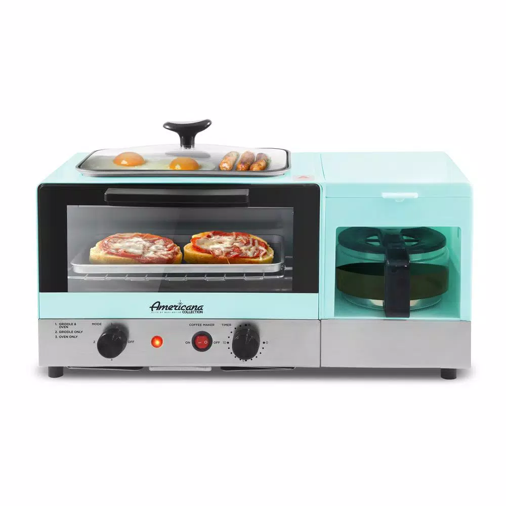 Americana 3-in-1 Breakfast Center - 2-Slice Toaster Oven, 4-Cup Coffee Maker & Griddle, Blue