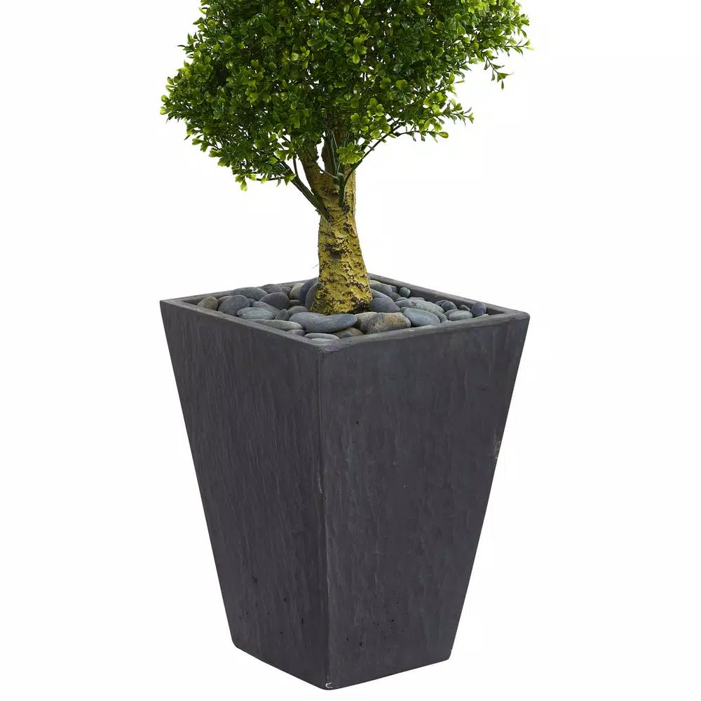 Nearly Natural 5 ft. Artificial Boxwood Spiral Topiary Tree in Slate Planter with River Rocks