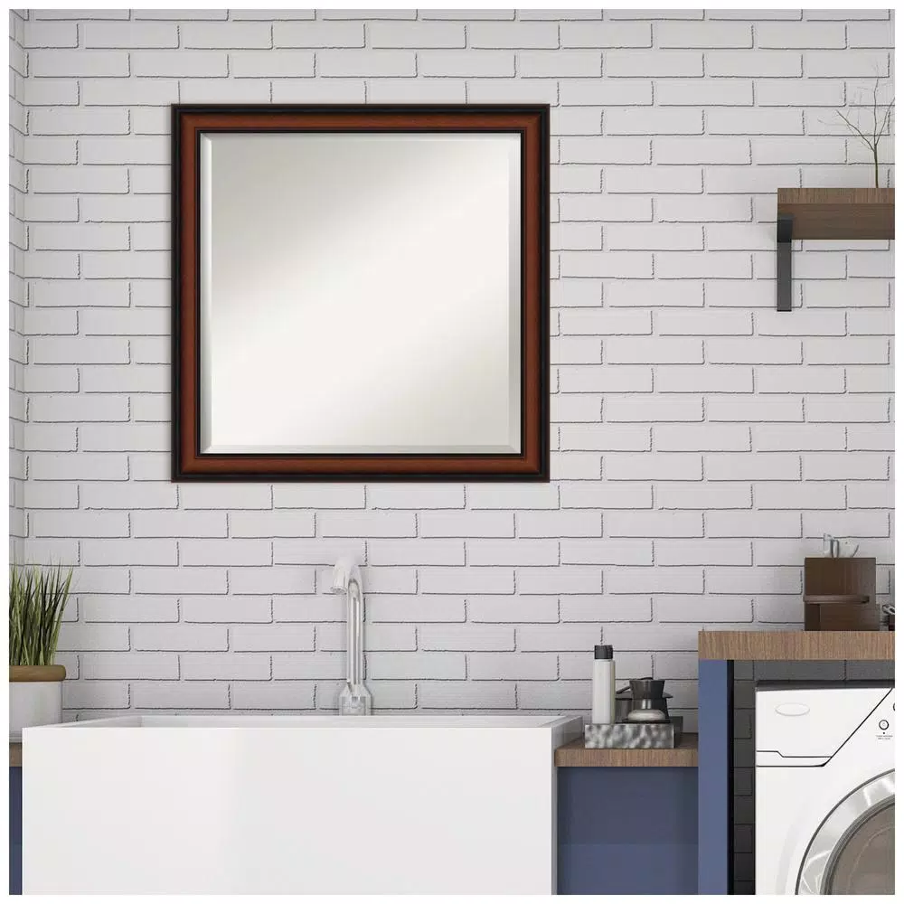 Amanti Art Cyprus 23 in. W x 23.12 in. H Square Beveled Edge Wood Bathroom Vanity Mirror, Dark Brown Walnut