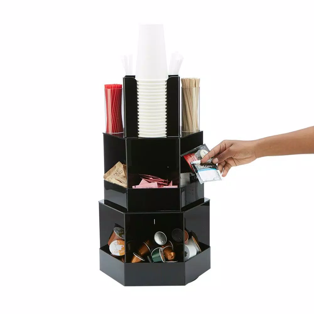 Mind Reader Black 3-Tier 18-Compartment Coffee Condiment Organizer, Large Breakroom Lazy Susan Station