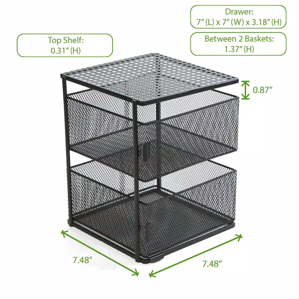 Mind Reader Rotating 2-Tier All-Purpose Organizer Shelf with Magnetic Baskets and Top Shelf, Black