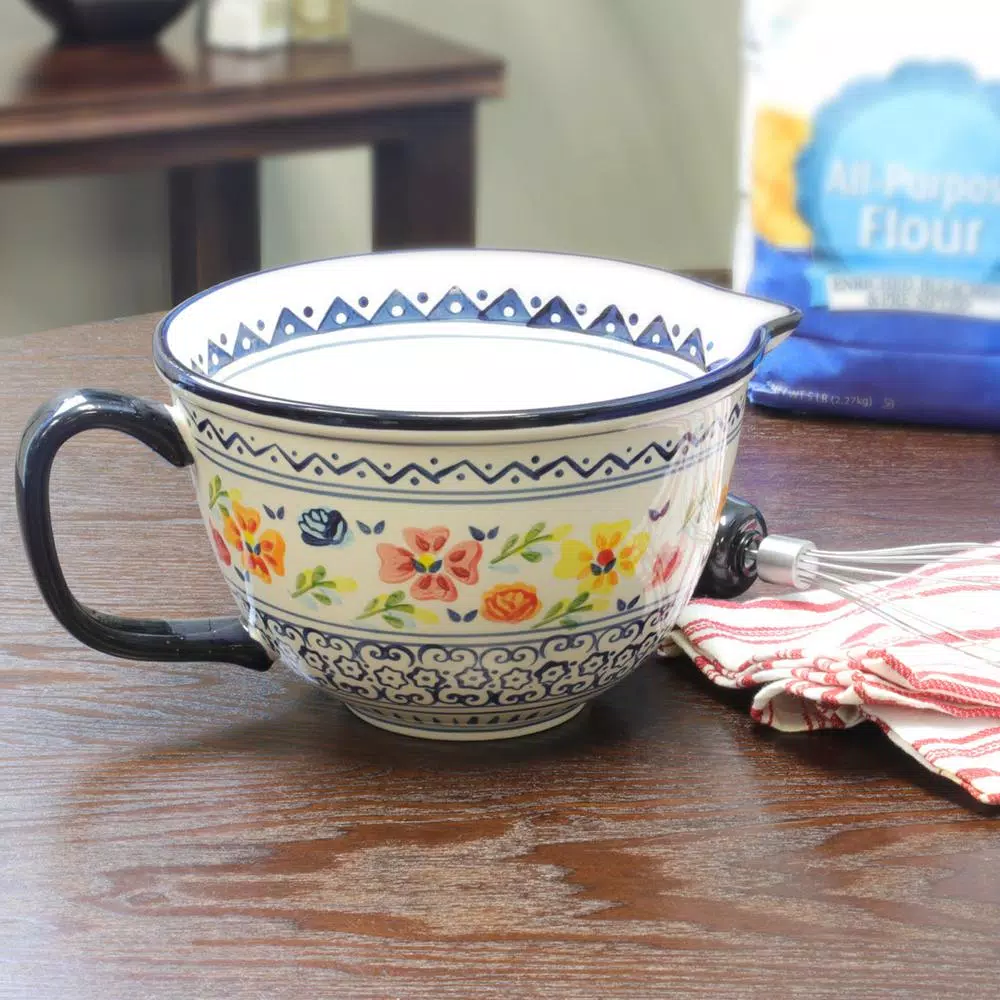 GIBSON elite Luxembourg Hand Painted Stoneware Mixing Bowl with Spout and Handle, 2 Qt.