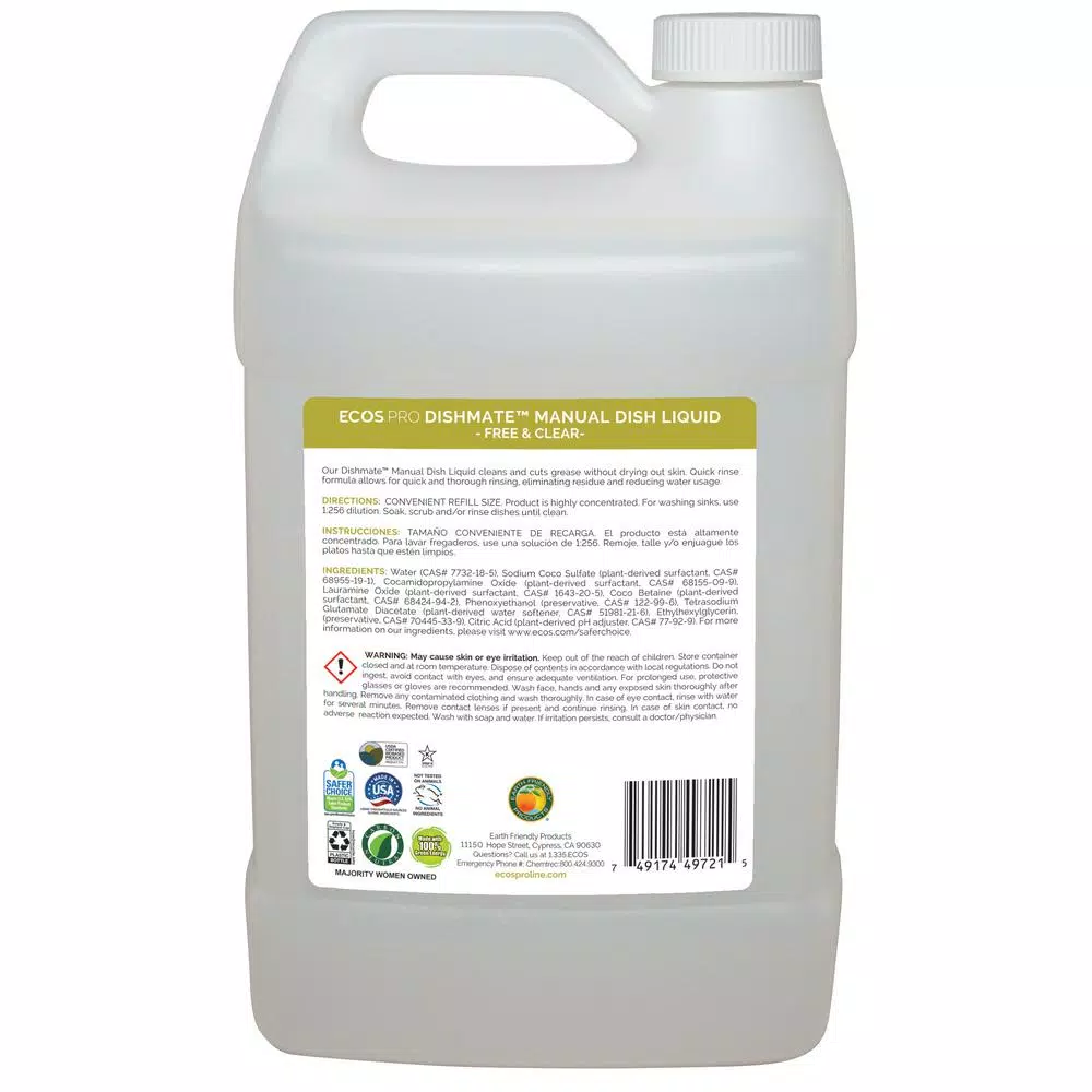 ECOS Pro Dishmate Free and Clear Manual Dishwashing Liquid, 128 oz.