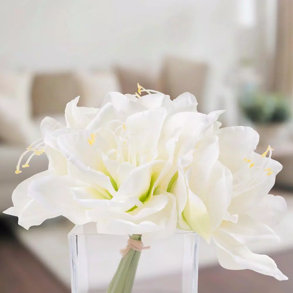 Pure Garden 8.5 in. Cream Lily Floral Arrangement in Square Glass Vase