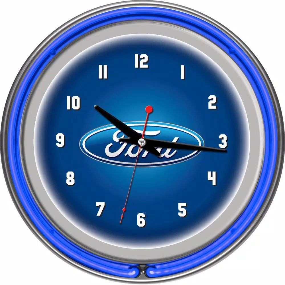 Ford Officially Licensed Double Ring Neon Wall Clock - Chrome Oval Design