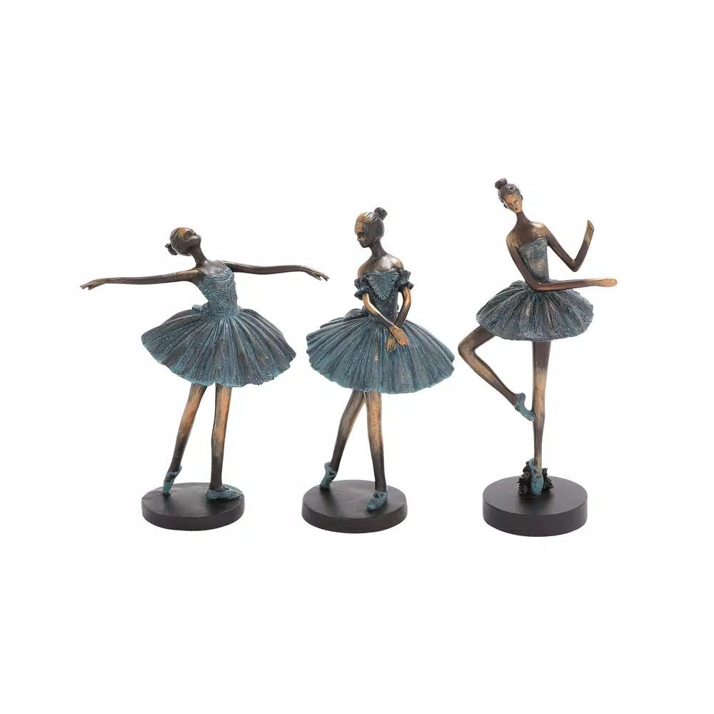 LITTON LANE Polystone Ballerina Tutu Sculptures Set of 3 - Teal and Brown Decorative Statues