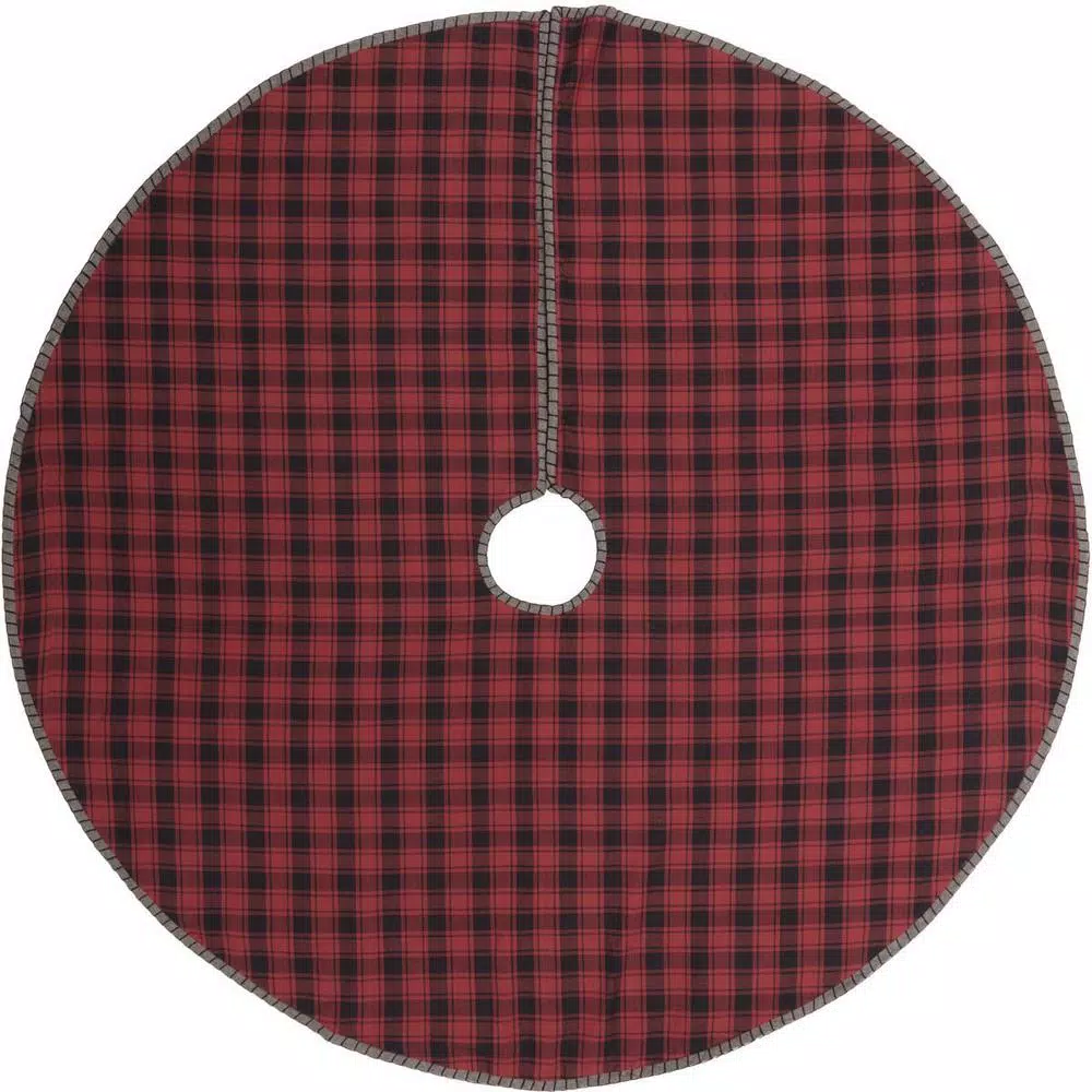 VHC Brands 48 in. Andes Charcoal Grey and Red Buffalo Check Rustic Cotton Christmas Tree Skirt