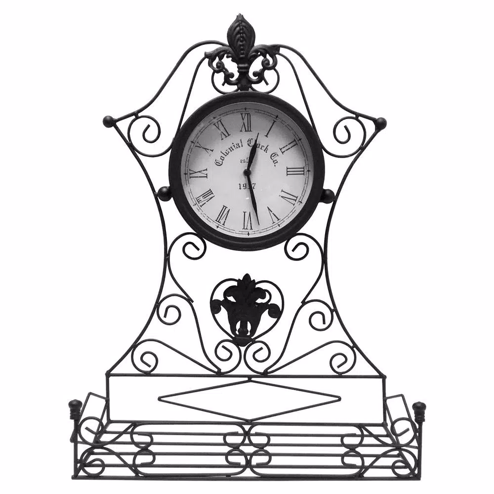 Benjara Epoch Black Metal Outdoor Clock with Scrollwork and Storage Base