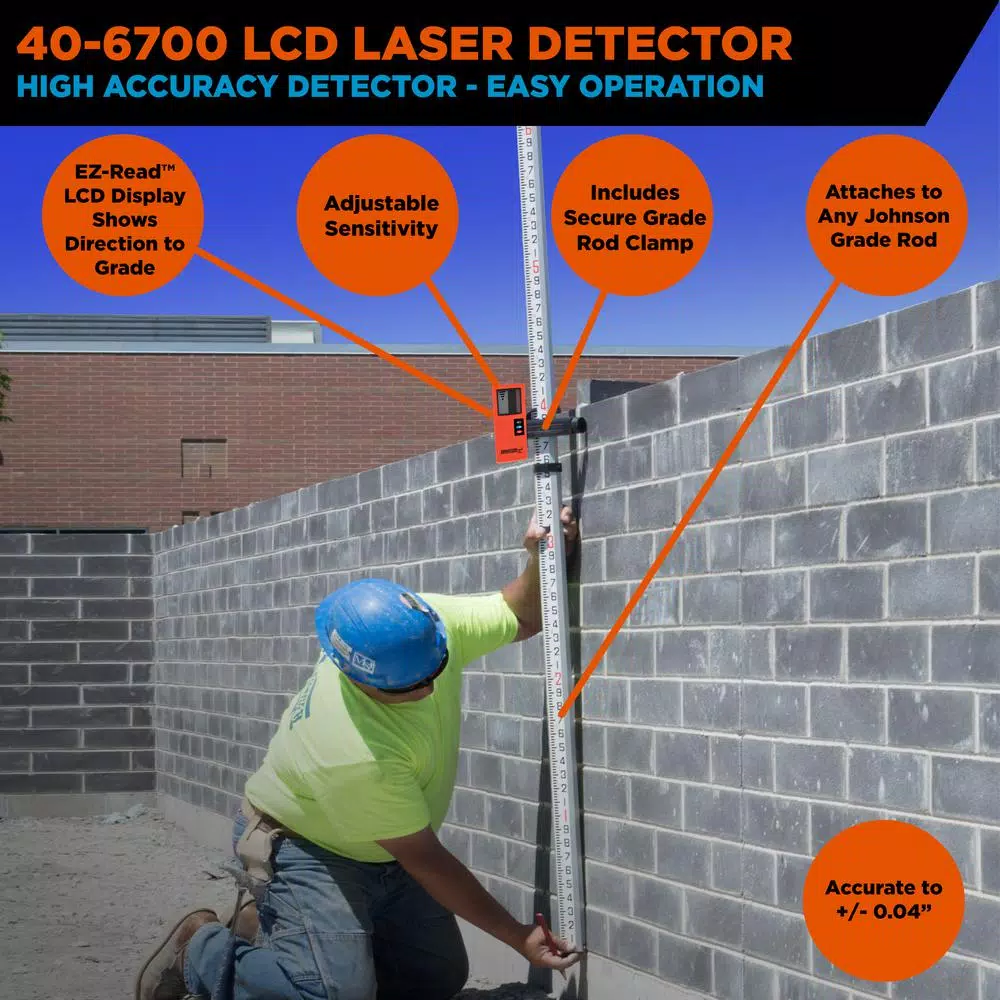Johnson Red Beam Rotary Laser Detector with Back-lit LCD and Grade Rod Clamp
