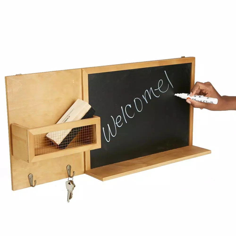 Mind Reader Brown Wall Mount Chalkboard Memo Board with Storage Hooks