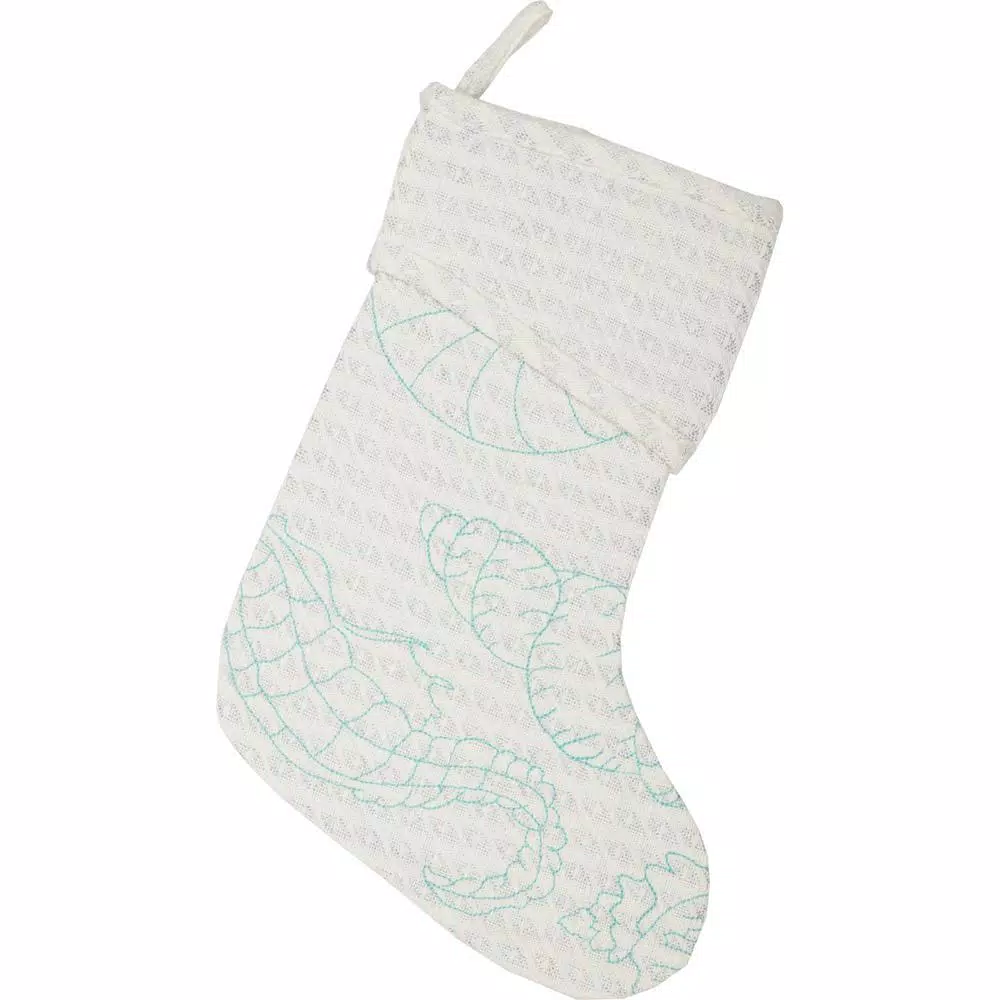 VHC Brands Arielle 15 in. Coastal Christmas Stocking - White Cotton with Metallic Silver Thread & Blue Aquatic Motif