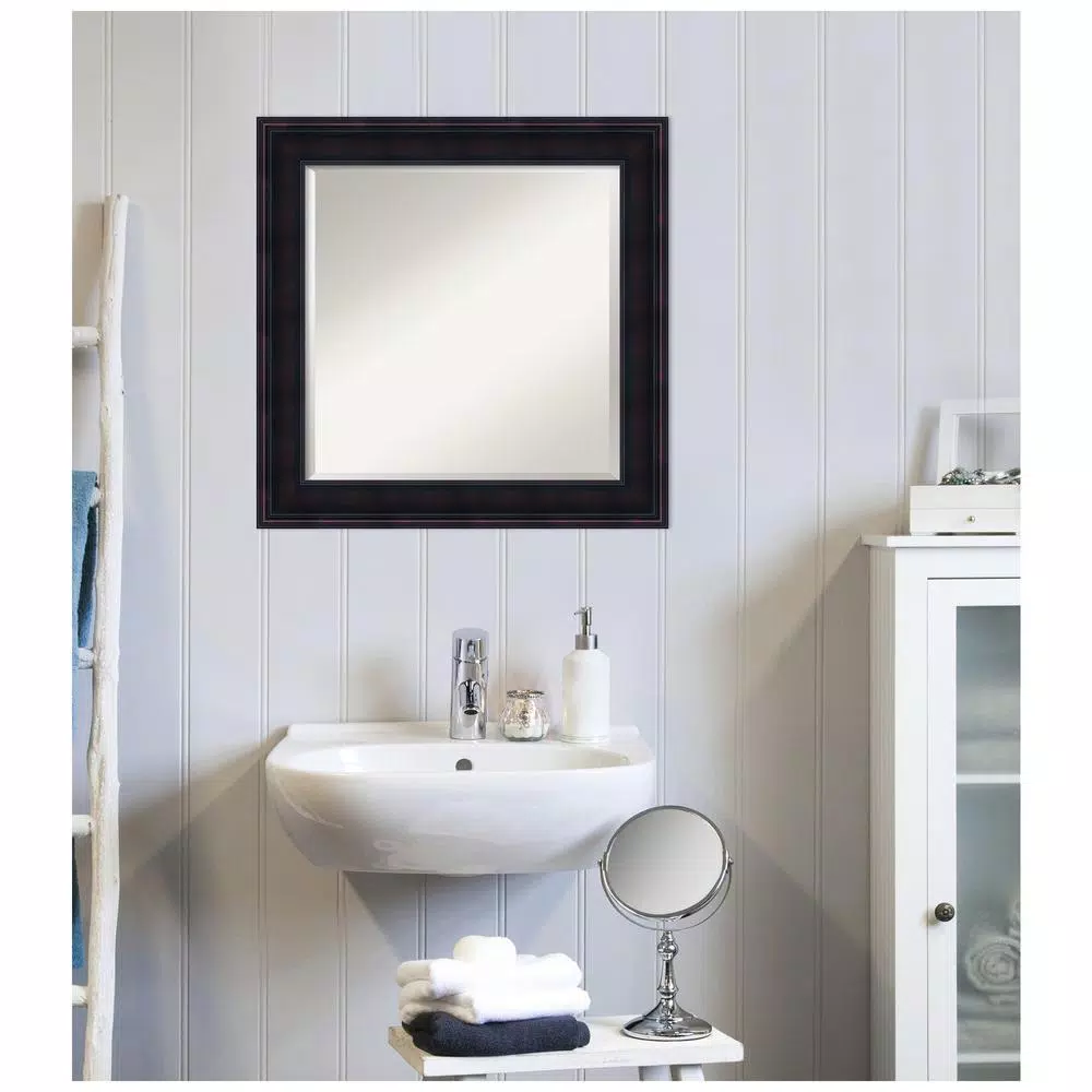 Amanti Art 25 in. Square Beveled Edge Wood Framed Bathroom Vanity Mirror, Dark Brown Mahogany