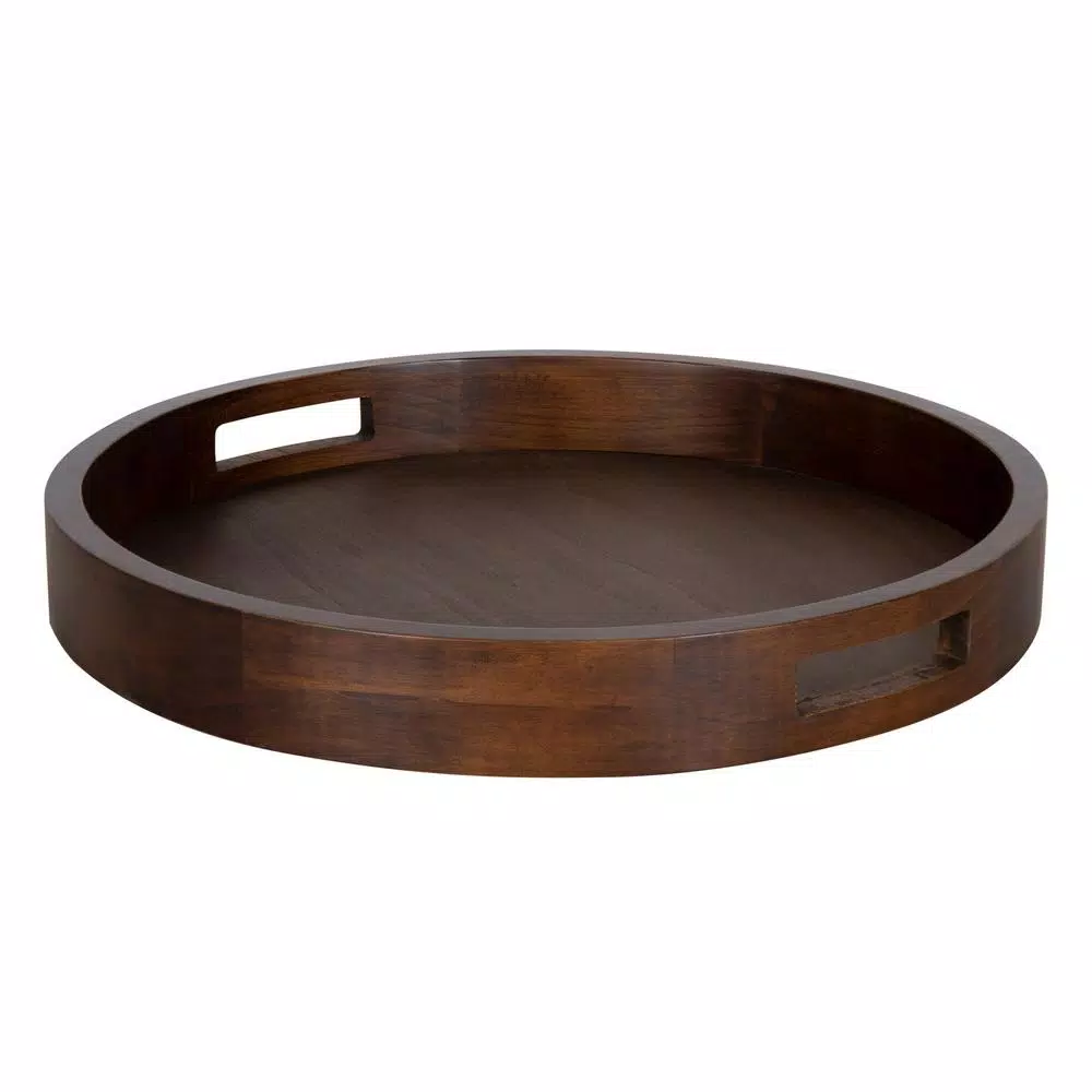 Kate and Laurel Hutton 18.25 in. Round Walnut Brown Wooden Decorative Serving Tray with Built-in Handles