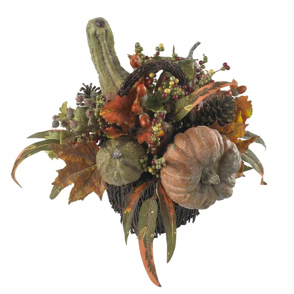 Nearly Natural 15 in. Fall Pumpkin and Berry Artificial Table Arrangement, Rustic Farmhouse Decor