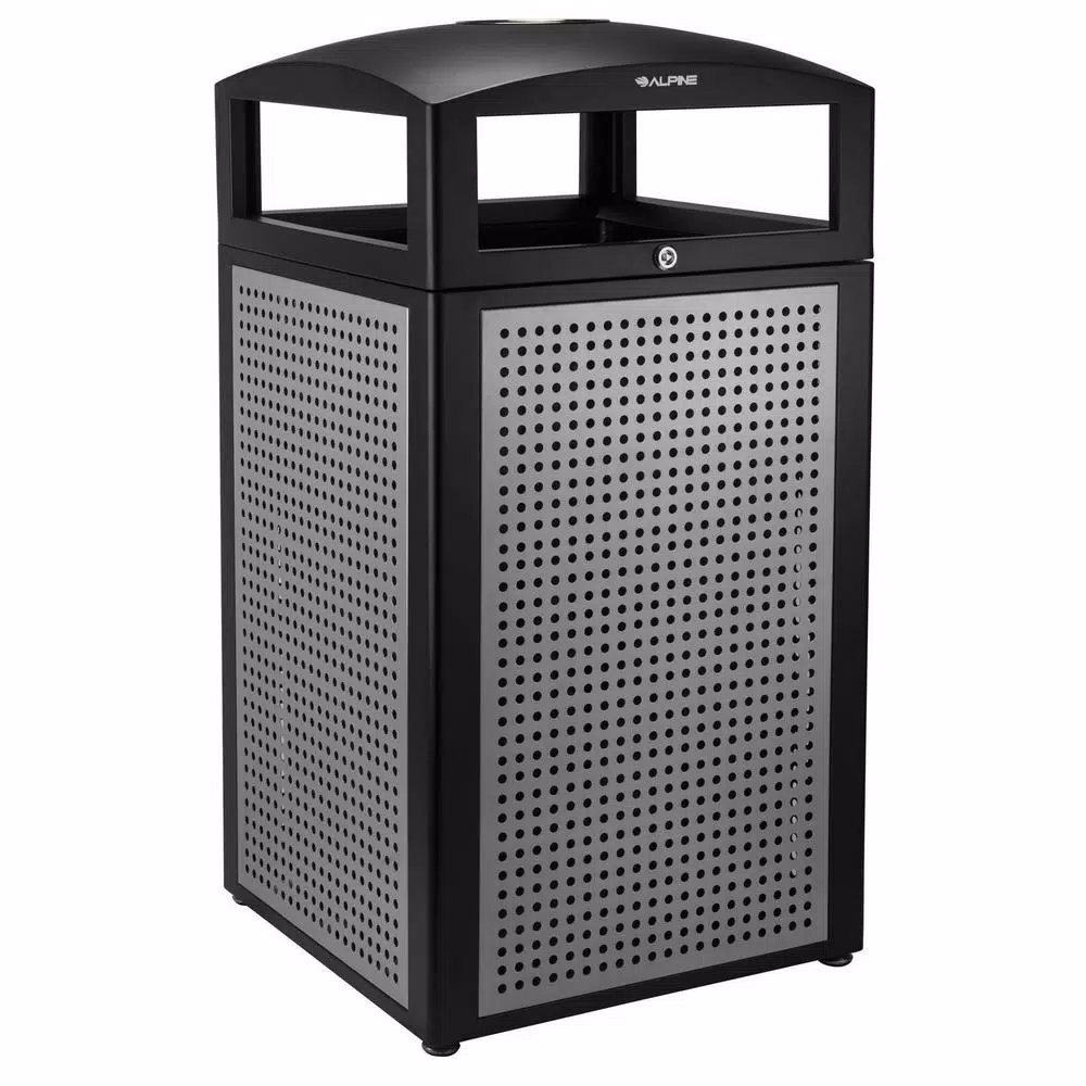Alpine Industries 40 Gal. Steel Outdoor Commercial Trash Can with Ash Tray Lid