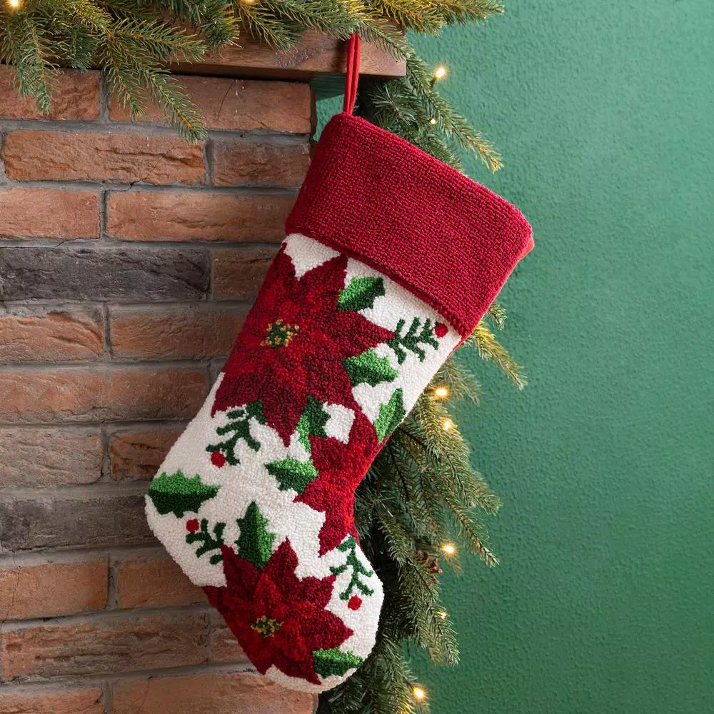 Glitzhome 21 in. Poinsettia Hooked Christmas Stocking - Acrylic and Polyester Holiday Decor