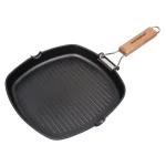 MasterPan 10 in. Cast Aluminum Nonstick Grill Pan with Pour Spout and Folding Wooden Handle, Black thumbnail 1
