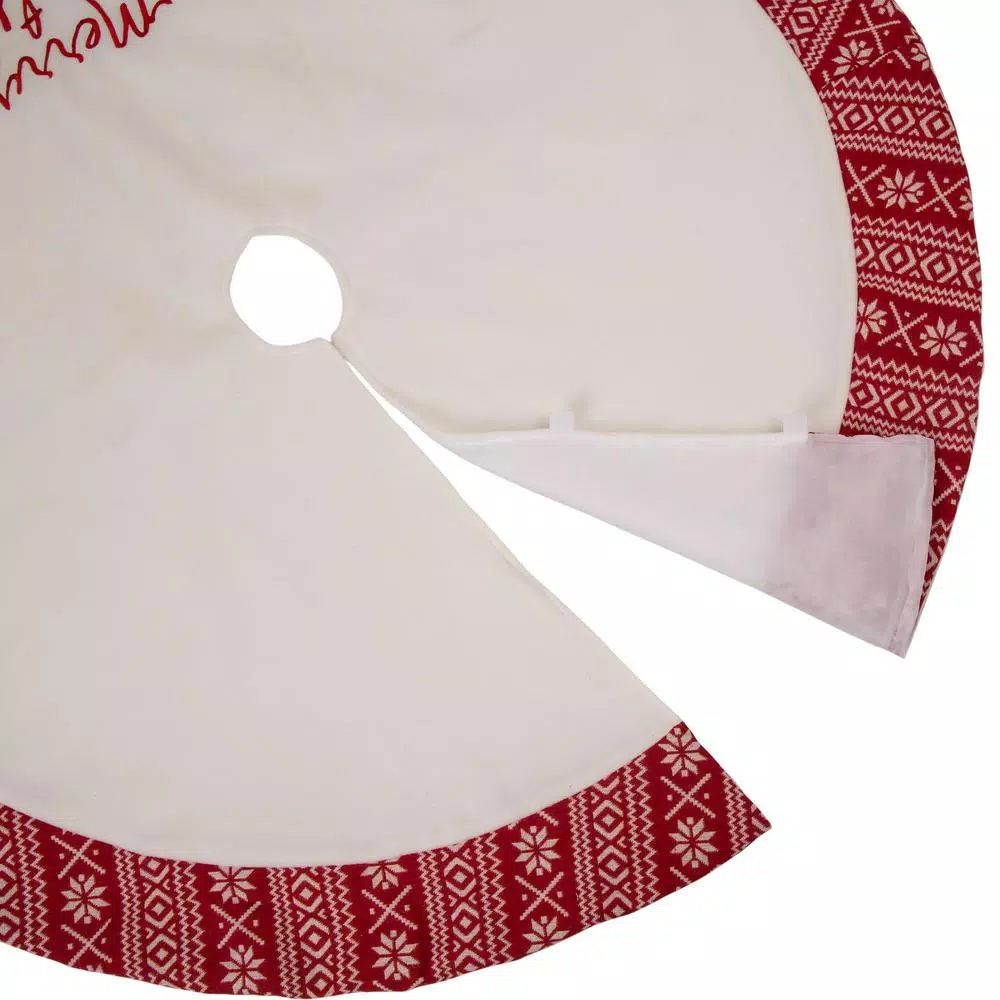 Glitzhome 48 in. White Fleece Christmas Tree Skirt with Jacquard Trim - Merry Christmas