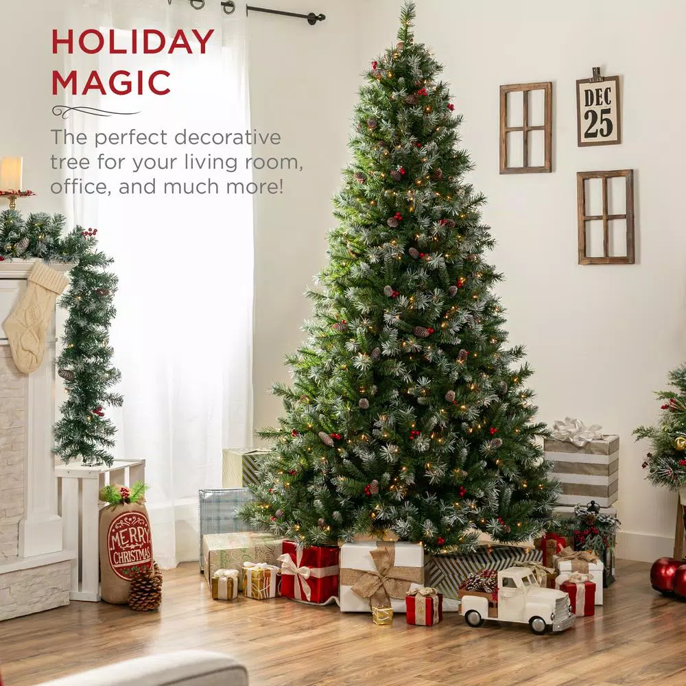 Best Choice Products 9 ft. Pre-Lit Flocked Artificial Christmas Tree with 900 Warm White Lights & Pre-Decorated Berries and Pinecones