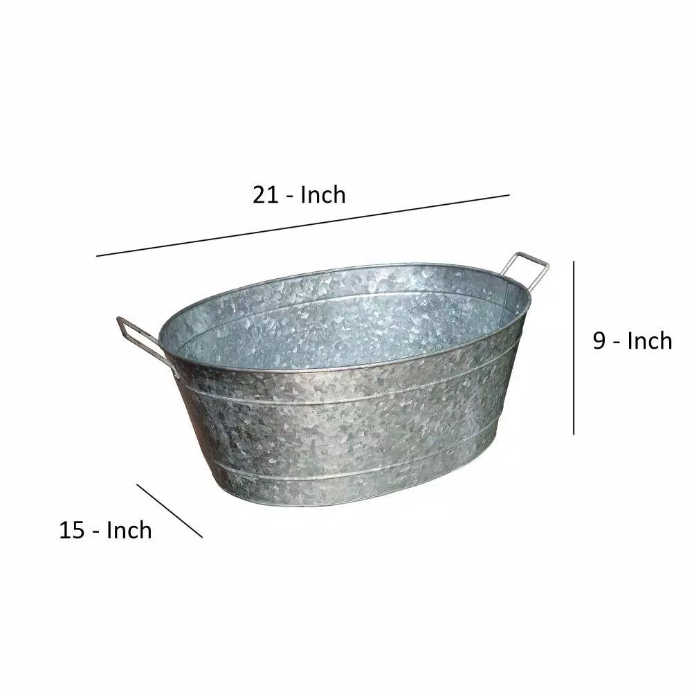 Benjara 1.1 Gal. Oval Galvanized Steel Embossed Tub with Side Handles, Silver